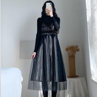 Set: Plain Sweater + Plaid Midi Overall Dress