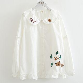 Bear Embroidery Blouse White - One Size