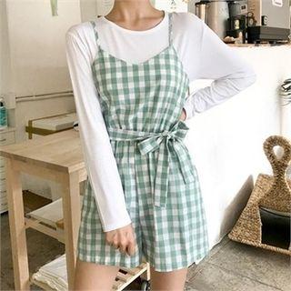 Tie-waist Gingham Playsuit Mint Green - One Size
