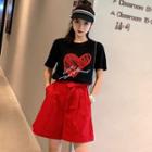 Set: Heart Print Short-sleeve T-shirt + High Waist Shorts