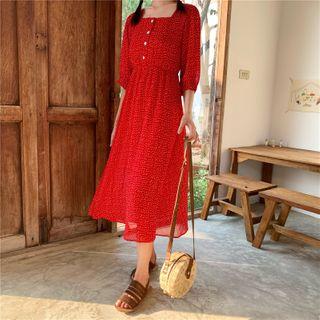 Dotted Elbow-sleeve Midi A-line Chiffon Dress