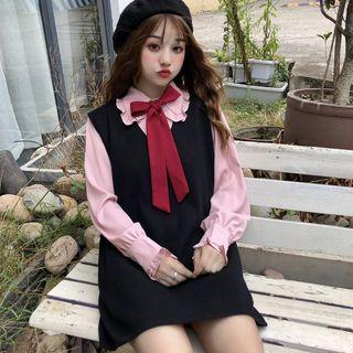 Long-sleeve Shirt / Mini Knit Pinafore Dress