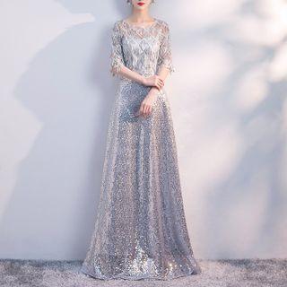 Elbow-sleeve Glitter A-line Evening Gown (various Designs)
