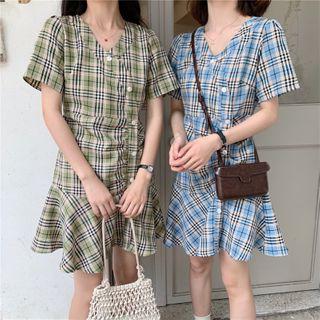 Short-sleeve Button Plaid Mini A-line Dress