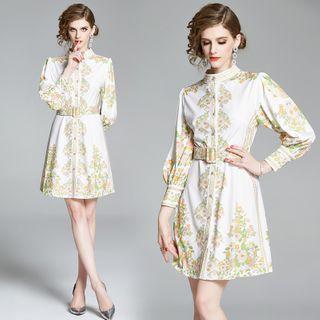 Belted Balloon-sleeve Floral Print A-line Dress