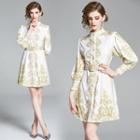 Belted Balloon-sleeve Floral Print A-line Dress