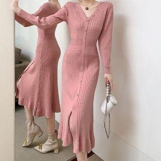 Long-sleeve Plain V-neck Knit Maxi Dress