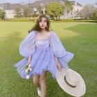 3/4-sleeve Square-neck Tiered Mini A-line Dress
