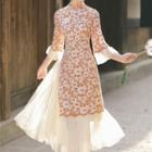 3/4-sleeve Floral Print Mesh Trim Midi Mermaid Qipao Dress