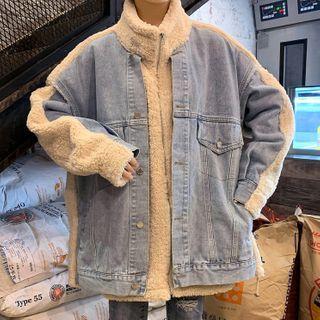 High-neck Oversize Faux Fleece Panel Denim Jacket