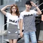 Couple Matching Striped Short-sleeve T-shirt / Cropped T-shirt With Striped Mini Sheath Dress