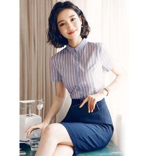 Short-sleeve Striped Shirt / Pencil Skirt