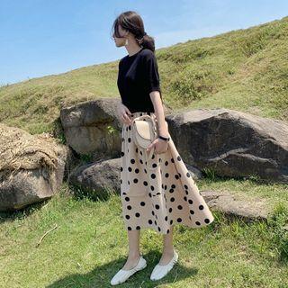 Set: Short-sleeve T-shirt + Dotted Midi A-line Skirt