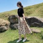 Set: Short-sleeve T-shirt + Dotted Midi A-line Skirt