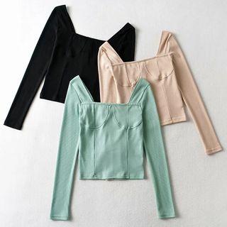 Long-sleeve Square-neck Ribbed Top