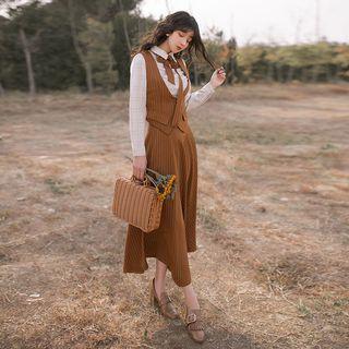 Set: Plaid Blouse + Striped Vest + Midi A-line Skirt