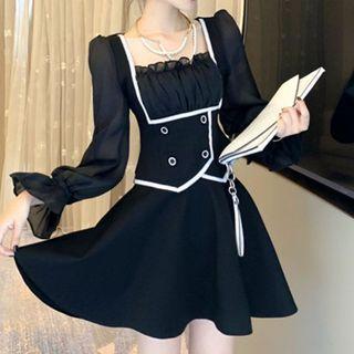 Set: Square-neck Blouse + Mini A-line Skirt