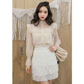 Set: Frilled Star Pattern Tulle Blouse + Camisole