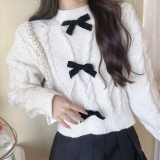 Bow Accent Cable-knit Cropped Sweater