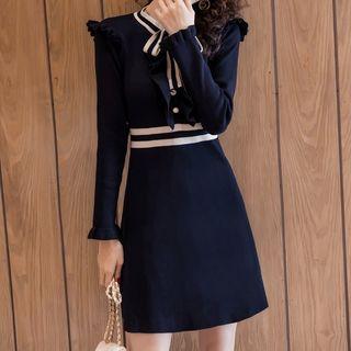 Contrast Trim Tie-neck A-line Mini Knit Dress Black - One Size