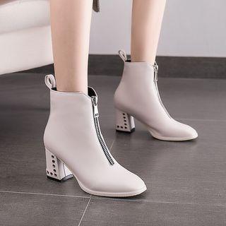 Faux Leather Front Zipper Studded Block Heel Booties