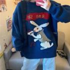 Rabbit Embroidered Sweater Blue - One Size
