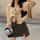Heart Applique Cardigan / Checkered Mini Pencil Skirt