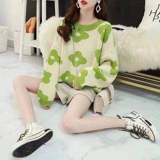 Flower Print Oversize Sweater / Printed Two-tone Pullover