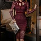 Tie-neck Long-sleeve Mini Lace Dress