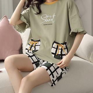 Loungewear Set : Short-sleeve Lettering Plaid Top + Shorts