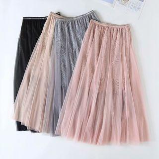 Mesh Overlay Lace A-line Midi Skirt