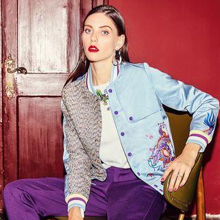 Dragon Embroidered Panel Snap-button Jacket