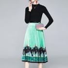 Set: Knit Top + Printed Accordion Pleat A-line Skirt