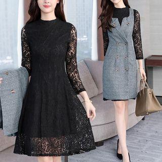 Set: Lace 3/4-sleeve A-line Dress + Double-breasted Pinafore Dress