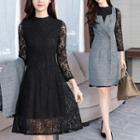 Set: Lace 3/4-sleeve A-line Dress + Double-breasted Pinafore Dress