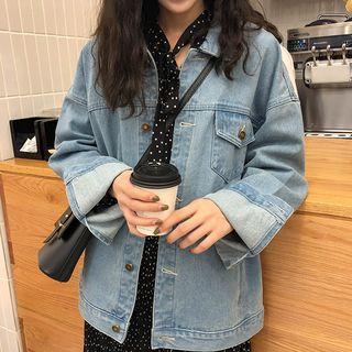 Lettering Buttoned Denim Jacket Blue - One Size
