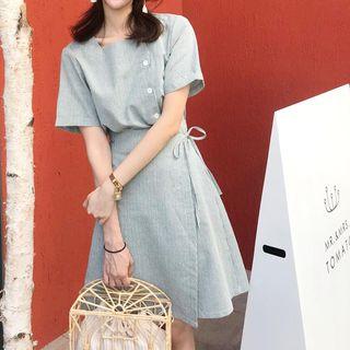 Striped Short-sleeve Square-neck A-line Dress