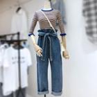 Set: Striped Elbow-sleeve Knit Top + Paperbag Waist Wide-leg Jeans