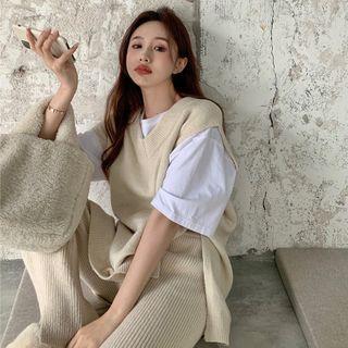 V-neck Plain Loose-fit Knit Vest / Plain Loose-fit Knit Pants