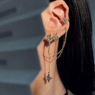 Rhinestone Star Chained Dangle Earring 1 Pair - S925 Silver Needle - Asymmetric - One Size