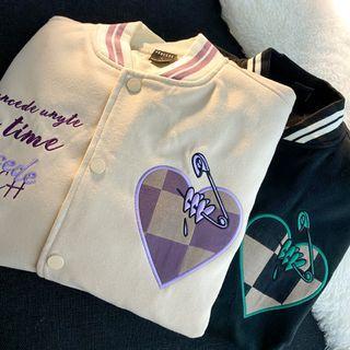 Heart Embroidered Checker Print Baseball Jacket