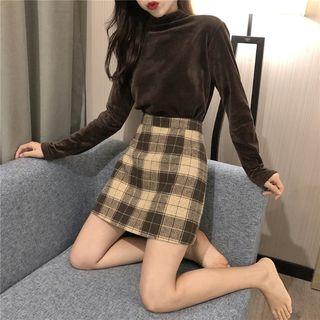 Long-sleeve Mock-neck Velvet Top / Plaid Mini A-line Skirt