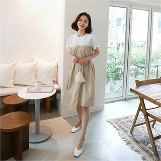 Inset Short-sleeve T-shirt Tube Dress With Sash