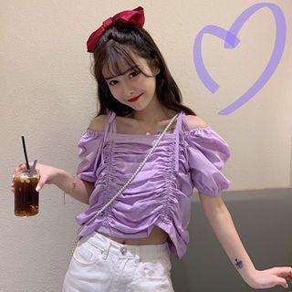 Cold-shoulder Puff-sleeve Ruched Cropped Blouse