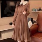 Balloon-sleeve Bow Midi A-line Dress