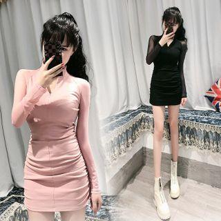 Mesh Panel Shirred Mini Bodycon Dress