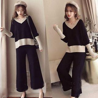 Set: Two-tone Knit Top + Wide Leg Pants