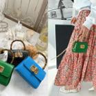 Turn-lock Croc-grain Hand Bag With Strap