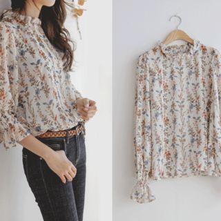 Frill-trim Floral Chiffon Top