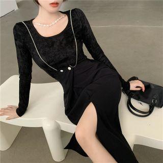 Round-neck Bead Chain Top / Black Split Sheath Maxi Skirt